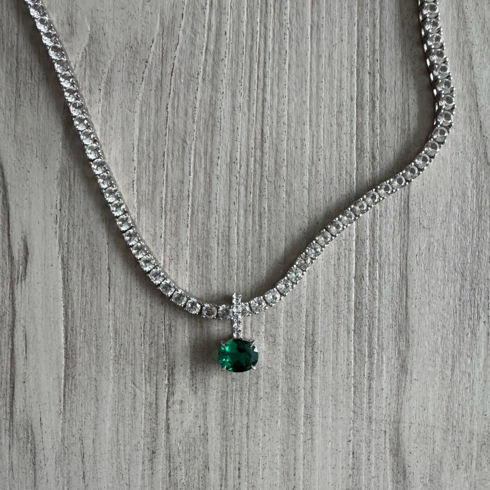 KATE RIVIÈRE NECKLACE IN 3.75MM LAB WHITE SAPPHIRE 16in with emerald pendant - Picture 6 of 10